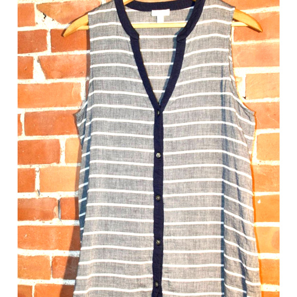 Soft by Joie Pure Cotton Striped Sleeveless & Collarless Button Up Blouse - Picture 1 of 5